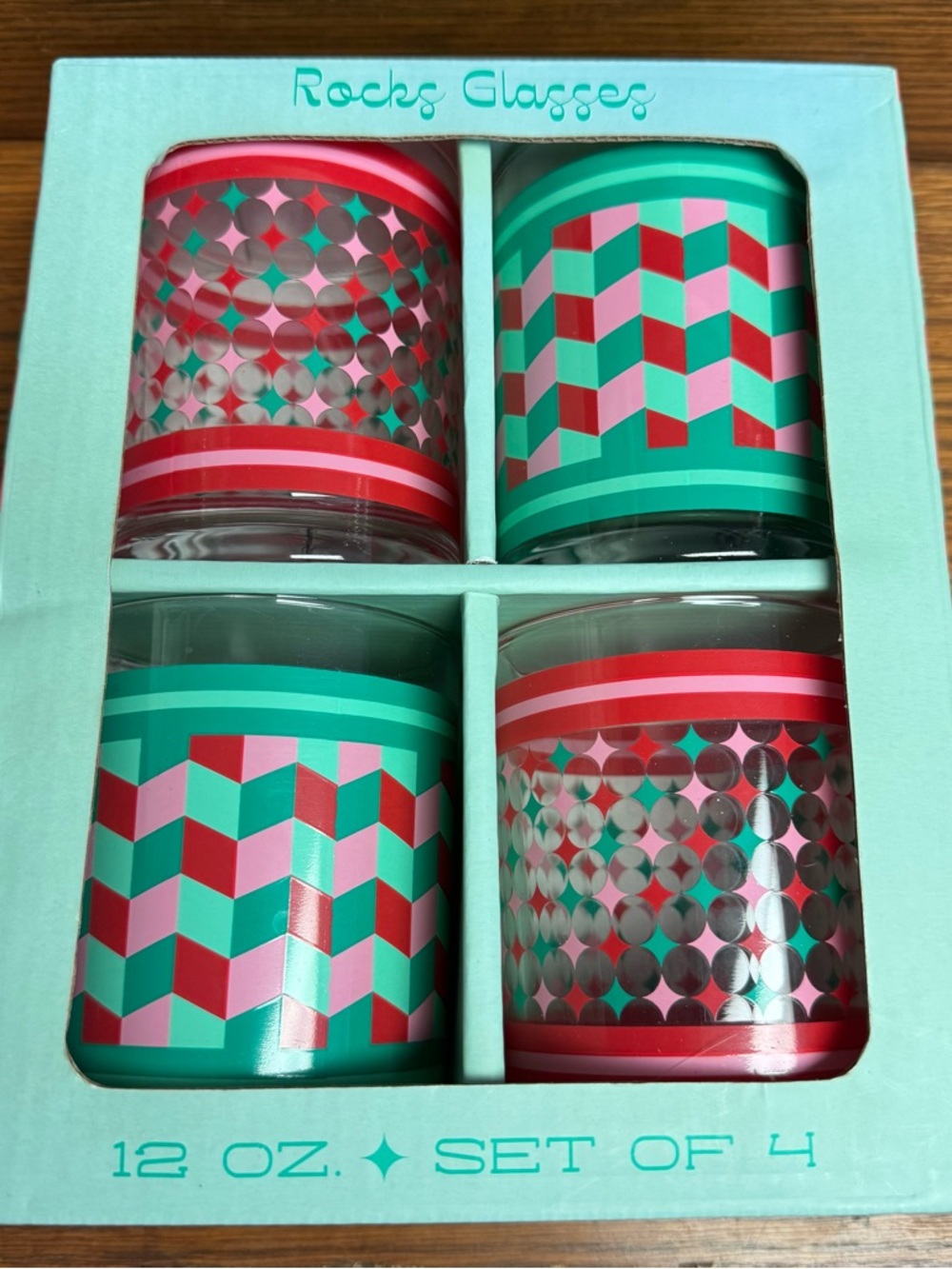 New in Box Rocks Glasses Set of 4 - Turquoise & Pink Patterned Tumblers